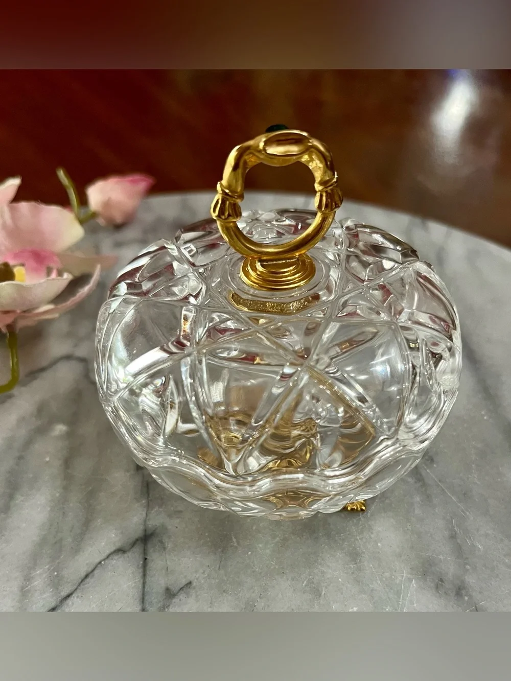 VTG Killarney Crystal Ireland Trinket Dish 22K Gold Claddagh Lid & Filigree Base